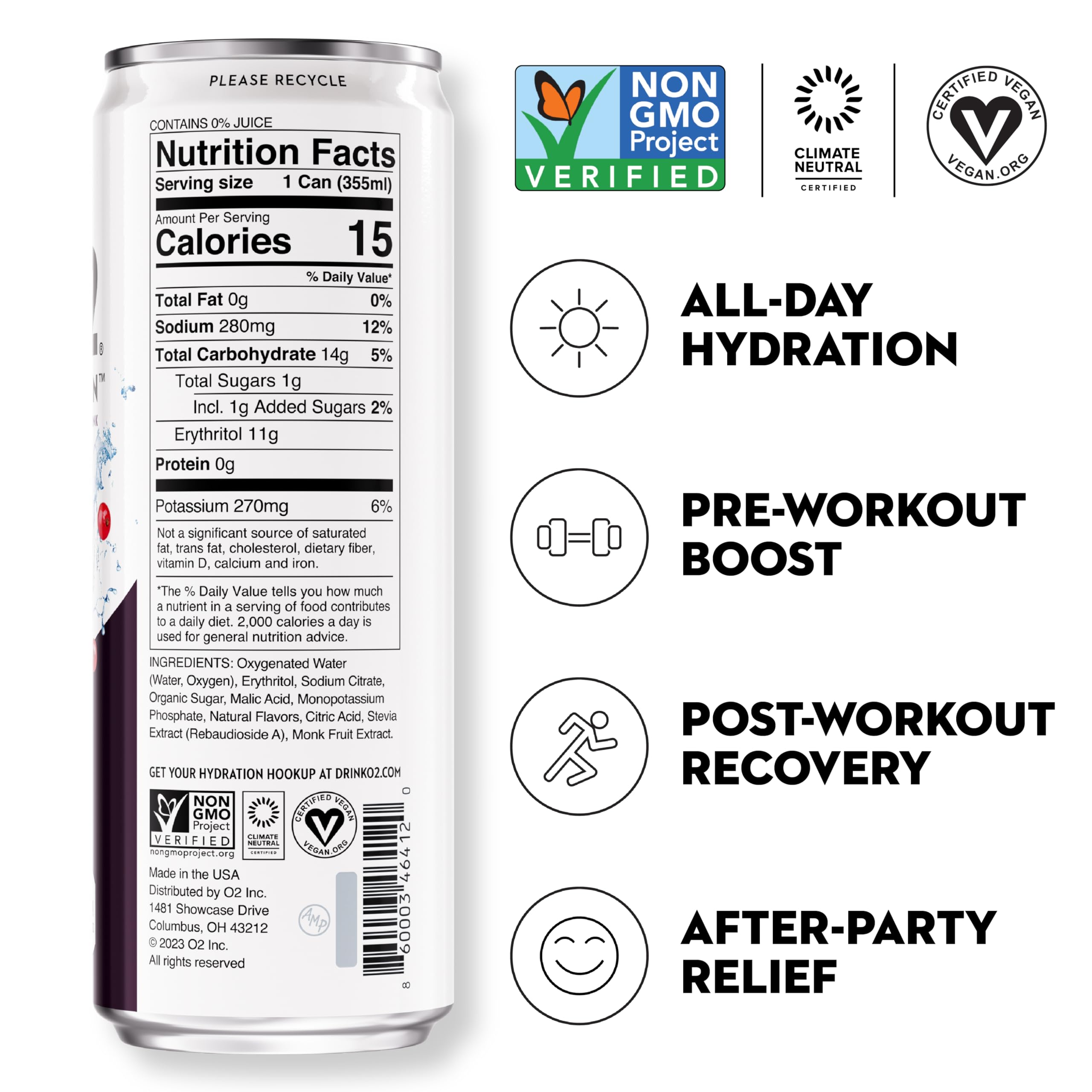 O2 Oxygenated label close-up highlighting monk fruit and 15 calories per can