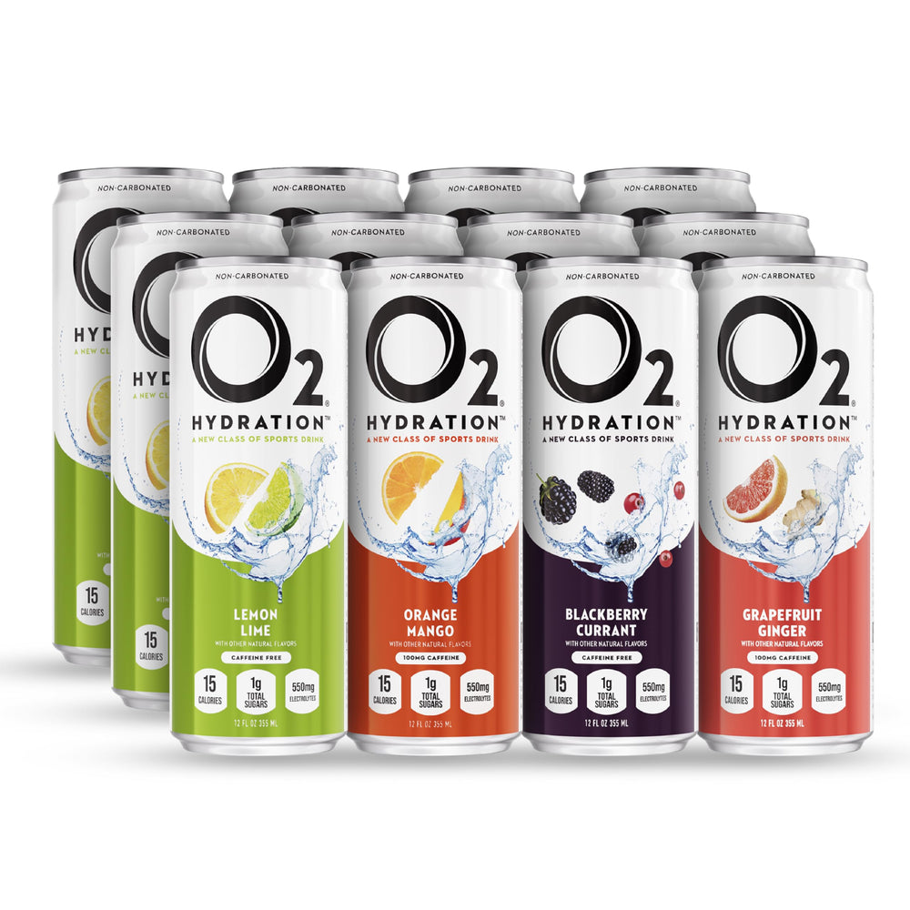 O2 Oxygenated Sports Recovery Drink variety pack cans—post-workout hydration
