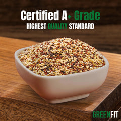 OA QUINOA Greenfit Royal Quinoa pantry scene with ready-to-cook grains.