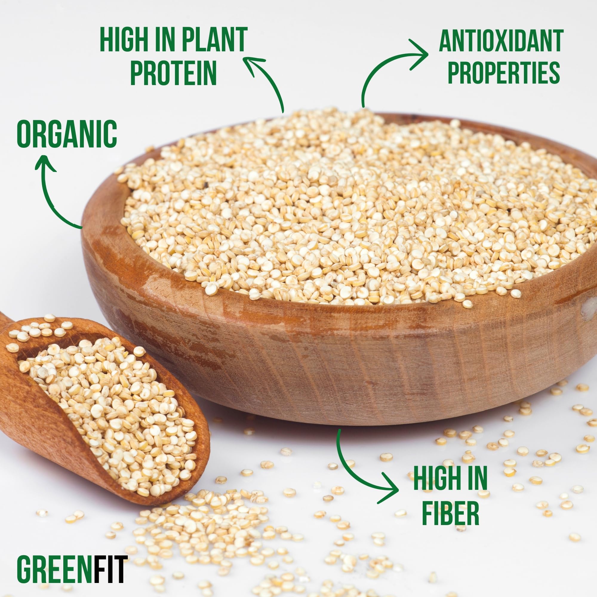 OA QUINOA Greenfit Royal quinoa nutrition panel highlighting fiber and minerals.