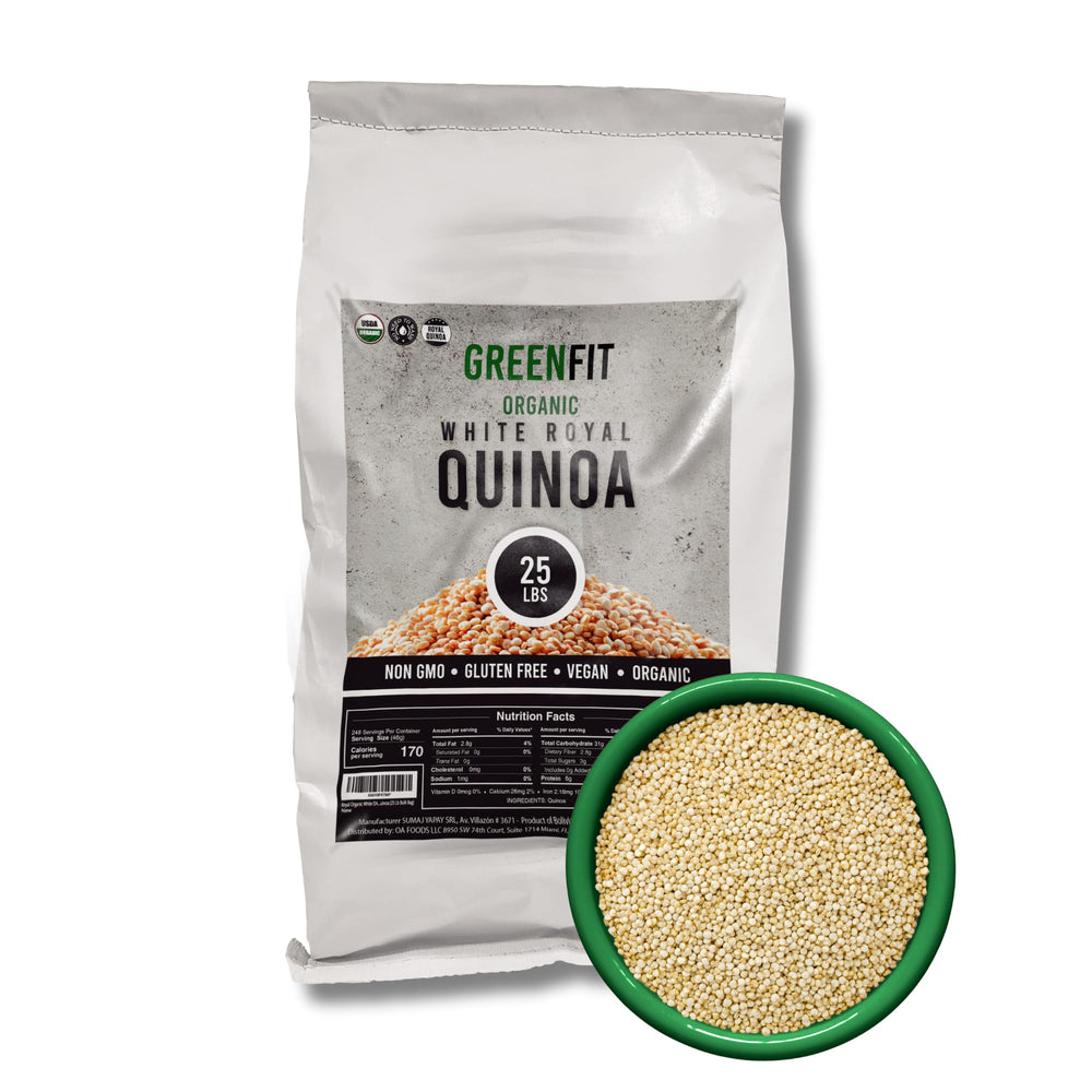 OA QUINOA Greenfit Royal quinoa packaging highlighting premium organic quality for versatile cooking.