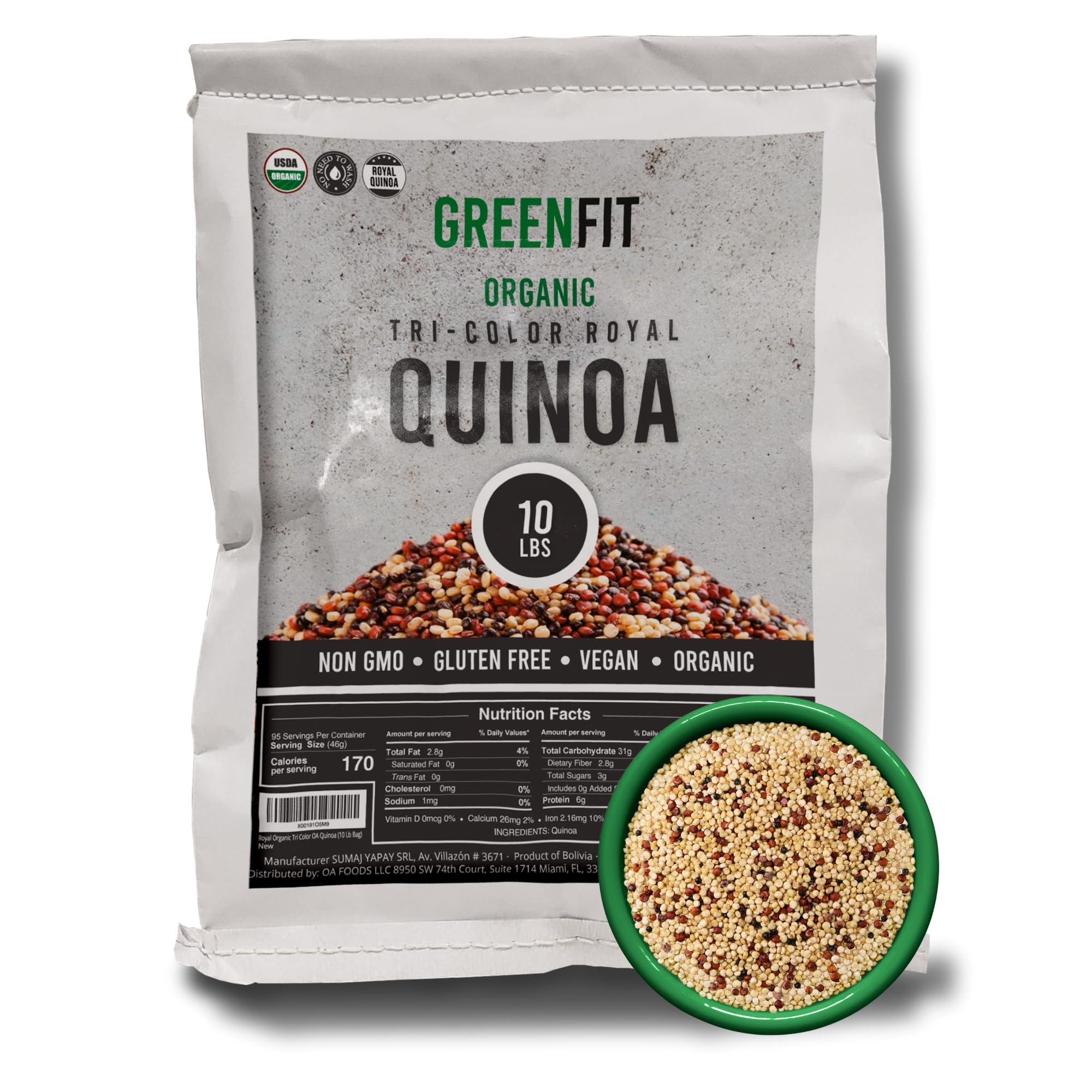 OA QUINOA Greenfit Royal Quinoa pack, premium tri-color grains for versatile meals.