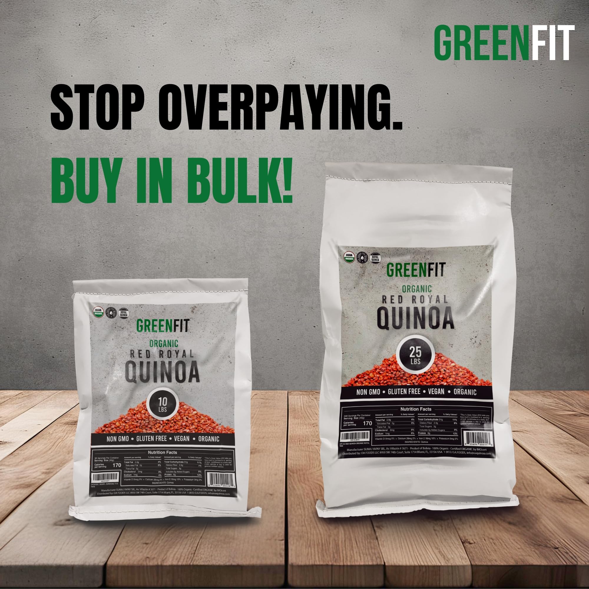OA QUINOA Greenfit Royal Red Quinoa dry grains show premium larger kernels.