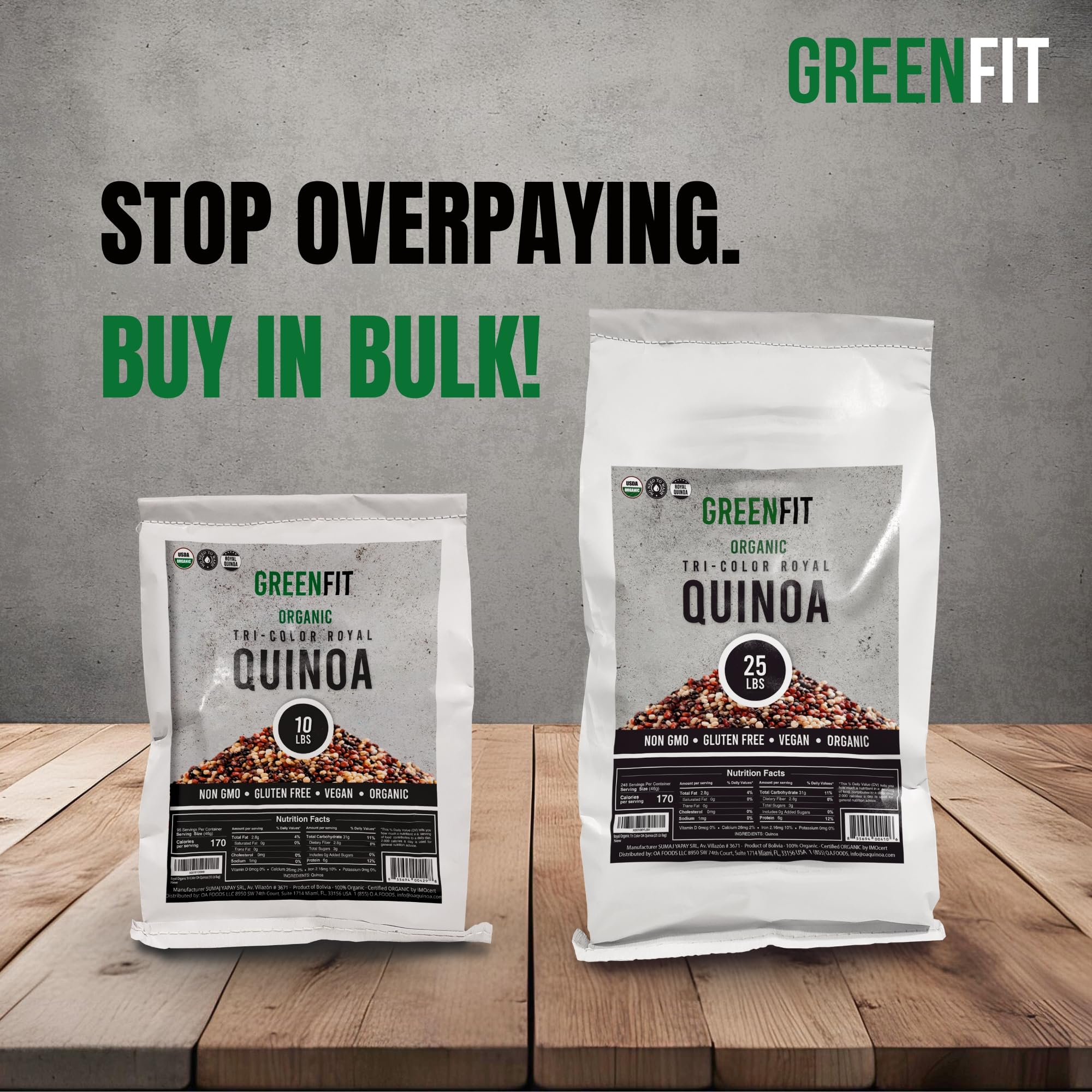 OA QUINOA Greenfit Royal Tri-Color Quinoa bulk-pack emphasizes convenient meal prep.