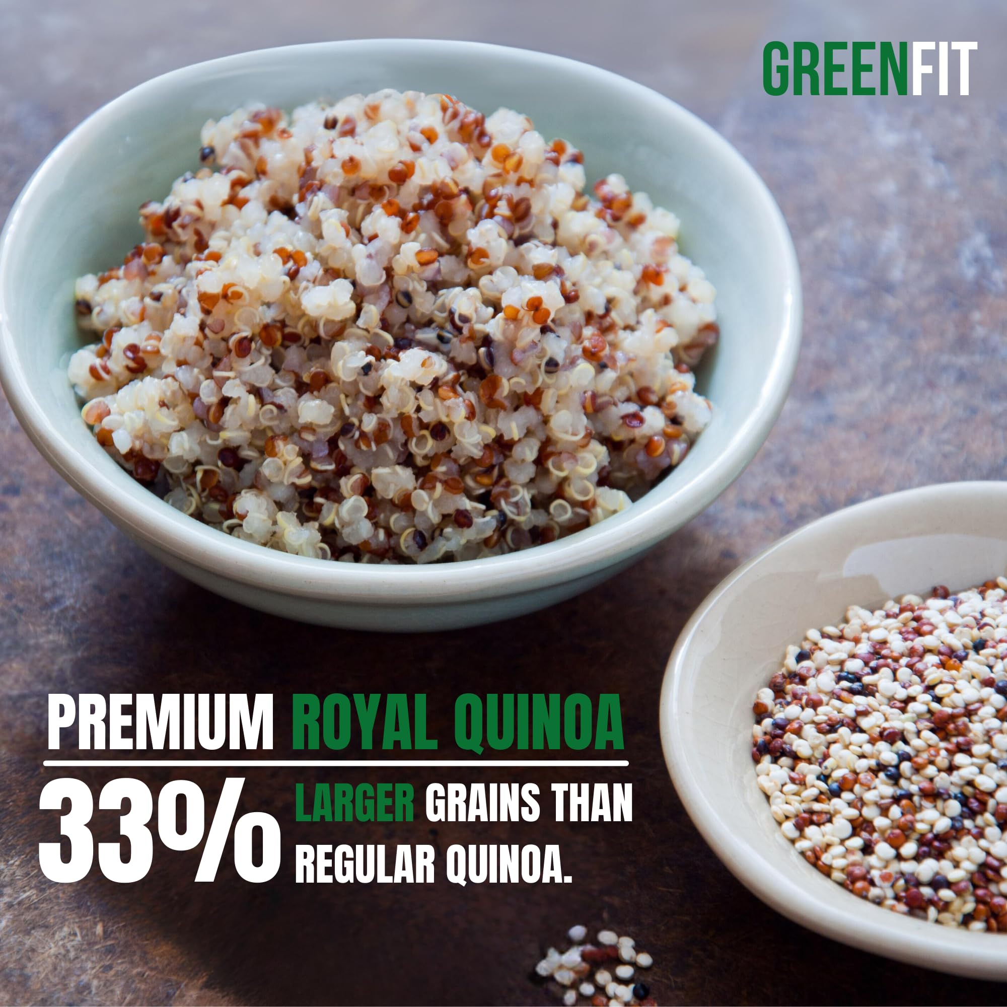 OA QUINOA Greenfit Royal Tri-Color Quinoa cooked bowl shows fluffy texture.