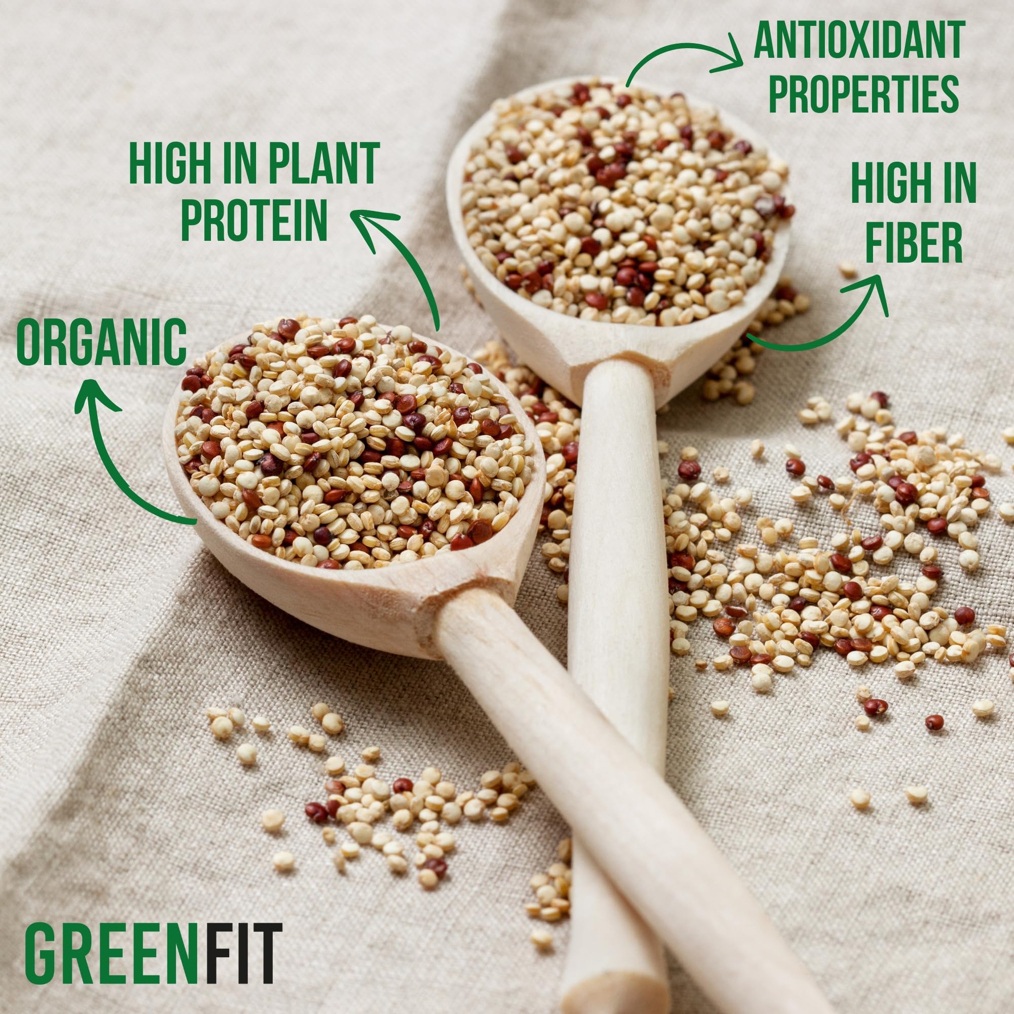 OA QUINOA Greenfit Royal Quinoa nutrition panel highlights protein and fiber.
