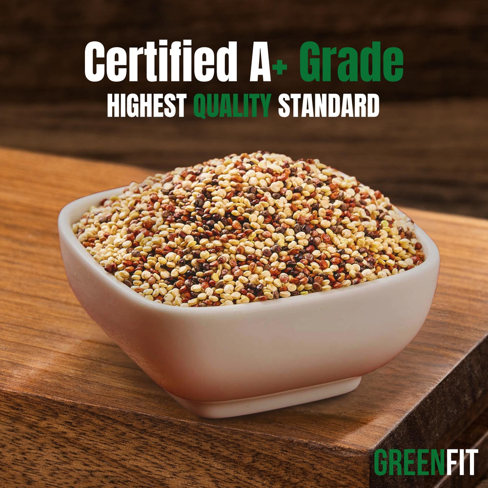 OA QUINOA Greenfit Royal Tri-Color Quinoa prewashed-ready-to-cook highlights easy prep.