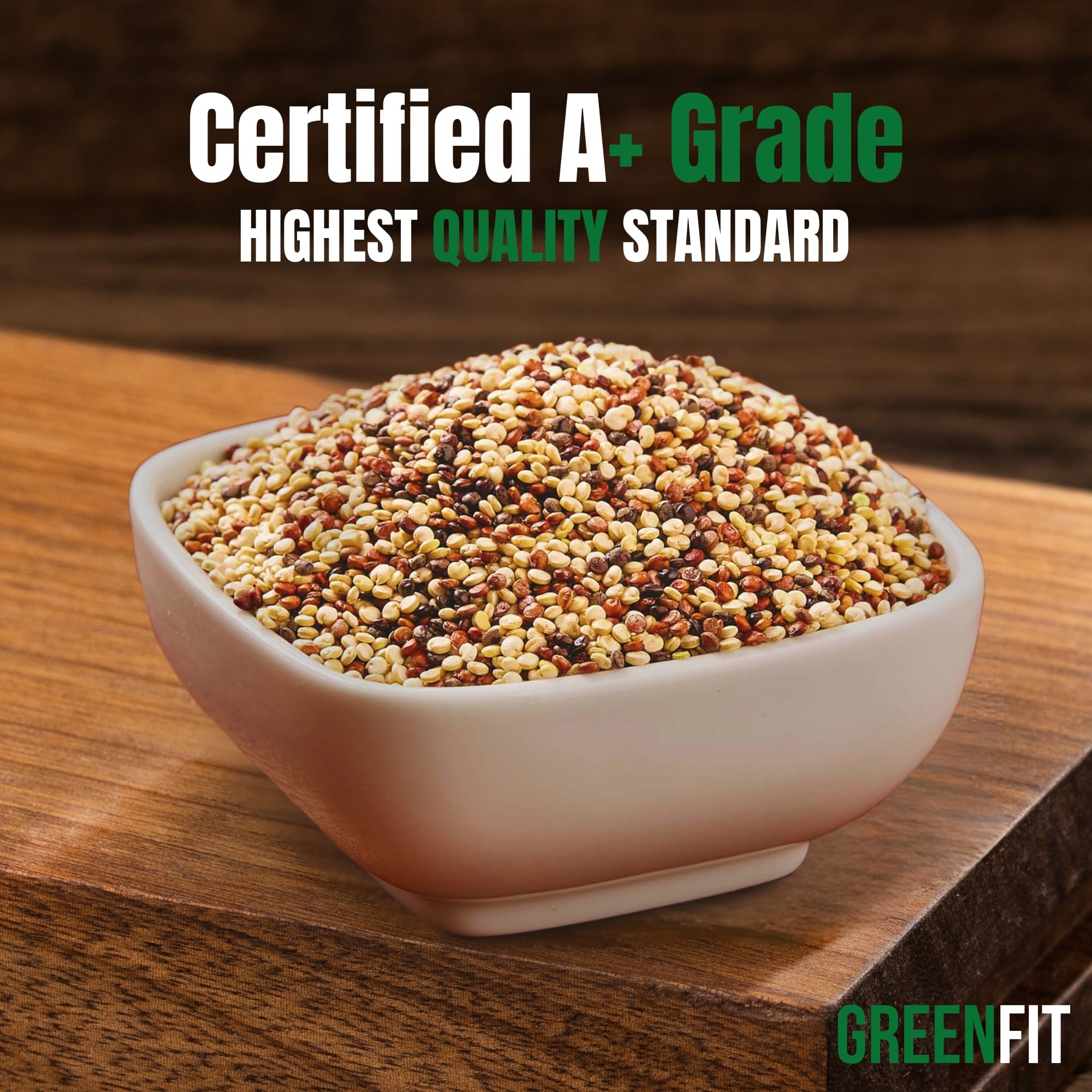 OA QUINOA Greenfit Royal Tri-Color Quinoa prewashed-ready-to-cook highlights easy prep.