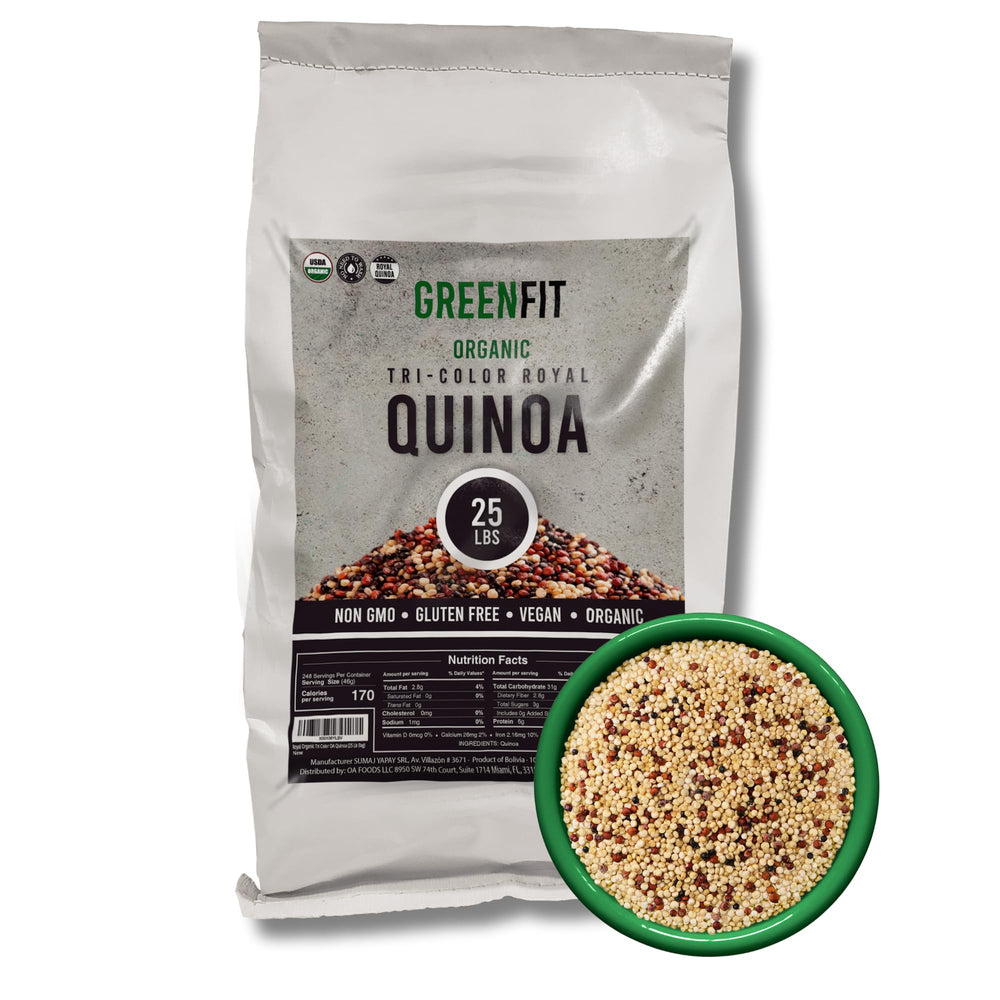 OA QUINOA Greenfit Royal Tri-Color Quinoa raw grains highlight premium texture and protein.