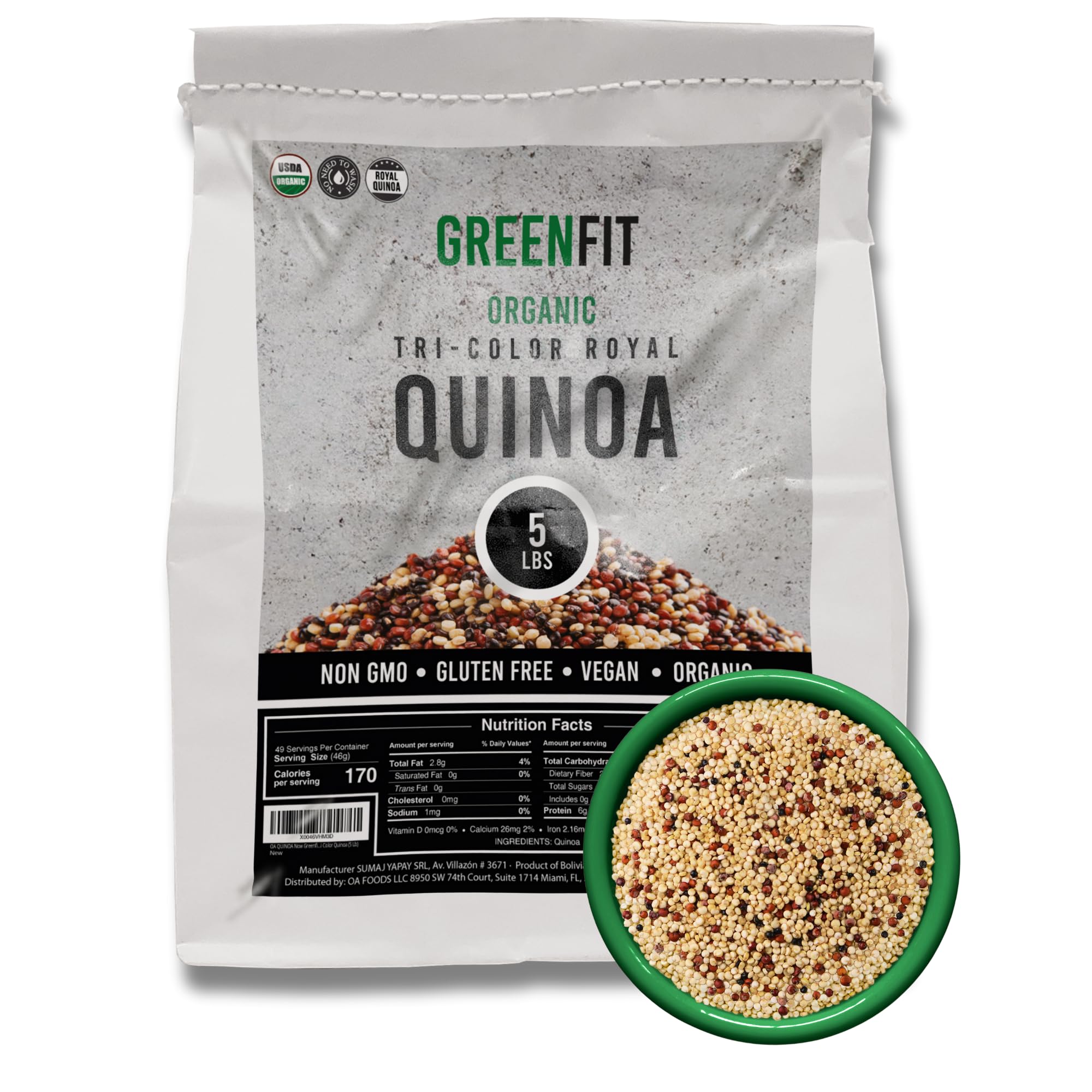 OA QUINOA Now Greenfit tri-color quinoa raw grains for versatile cooking.