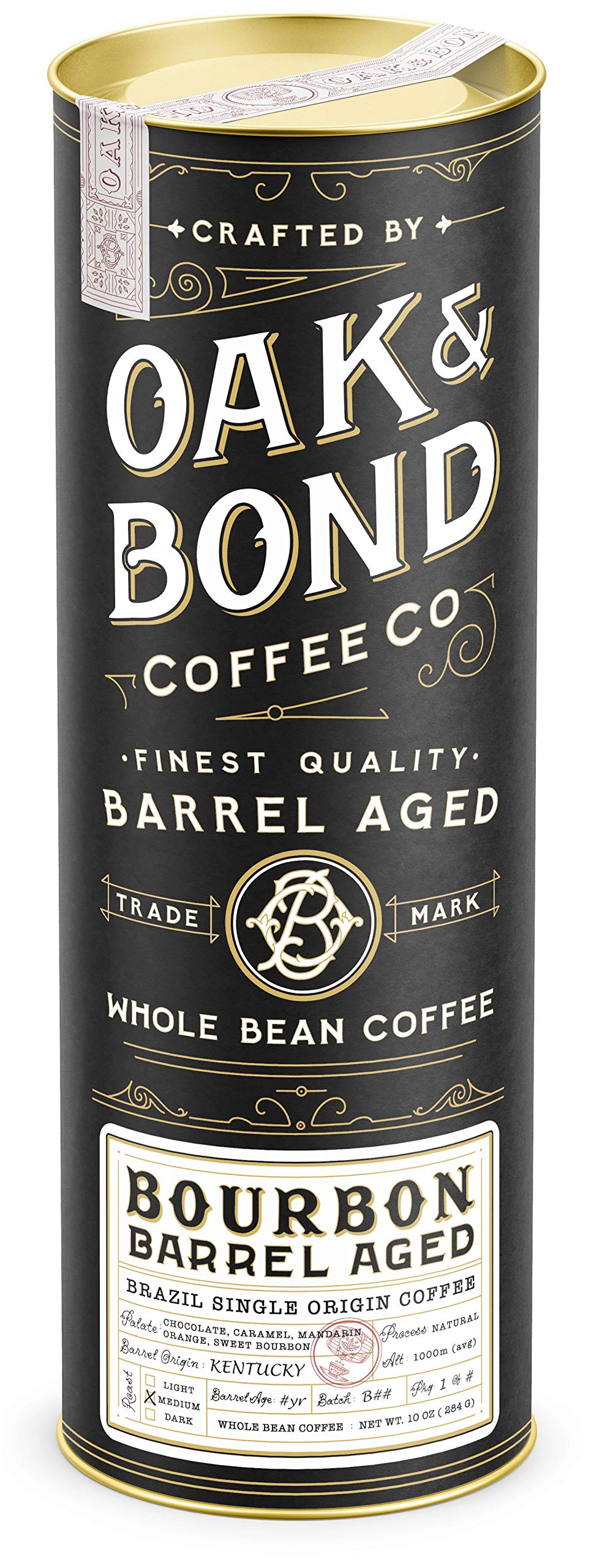 Oak & Bond bourbon barrel aged coffee bag—premium packaging preserves freshness.