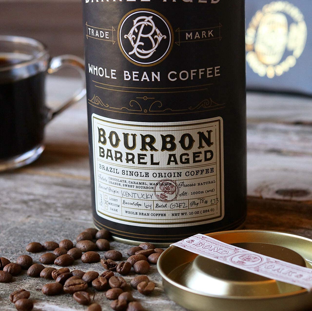 Oak & Bond gold-stamped canister—packaging preserves freshness and aroma.