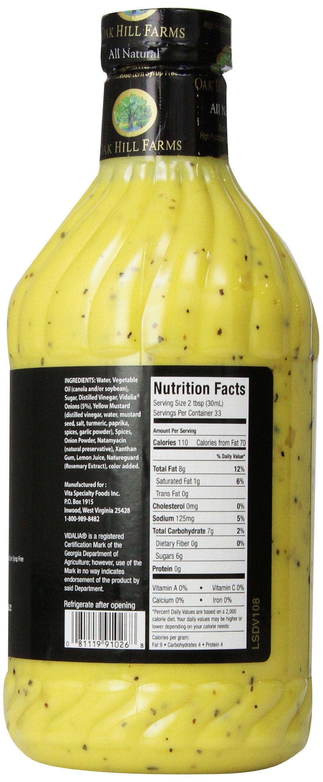 Oak Hill Farms Vidalia Onion Vinaigrette label close-up highlights gluten-free ingredients