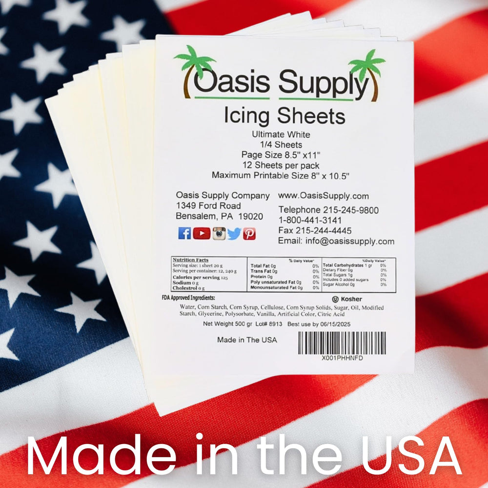 Oasis Supply bright white icing sheets close-up showing high resolution printing potential.