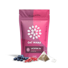 Oat Mama Blueberry Pomegranate lactation tea tin for a soothing breastfeeding ritual.