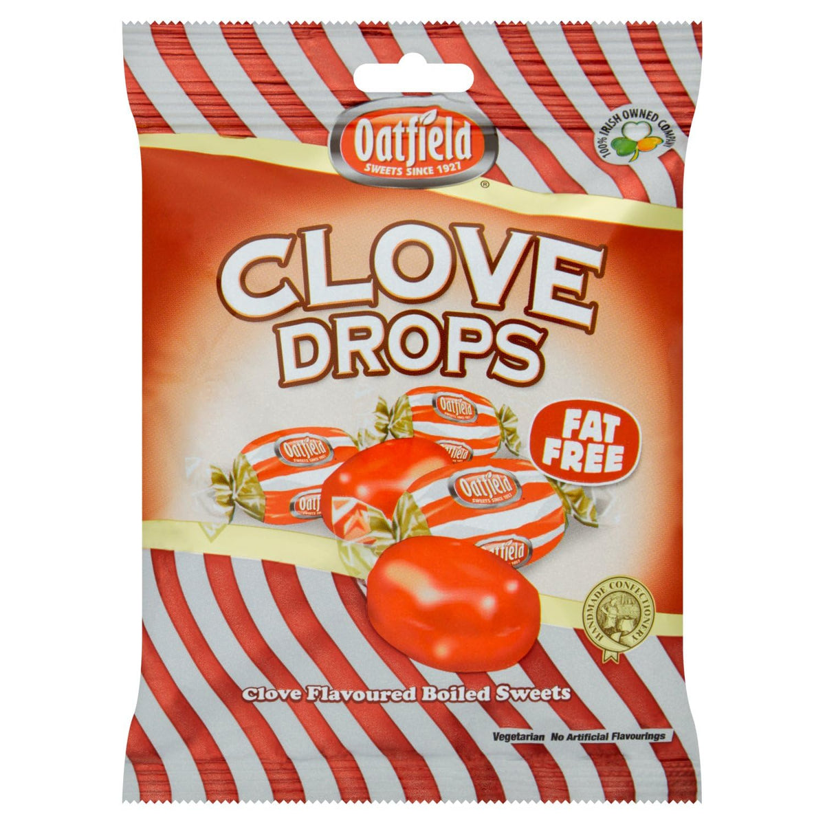 Oatfield Clove Drops 150g bag, fat-free classic Irish boiled sweets perfect for a comforting treat.