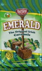 Oatfield Emerald caramel close-up reveals smooth texture, great for gifting or relaxing with tea.