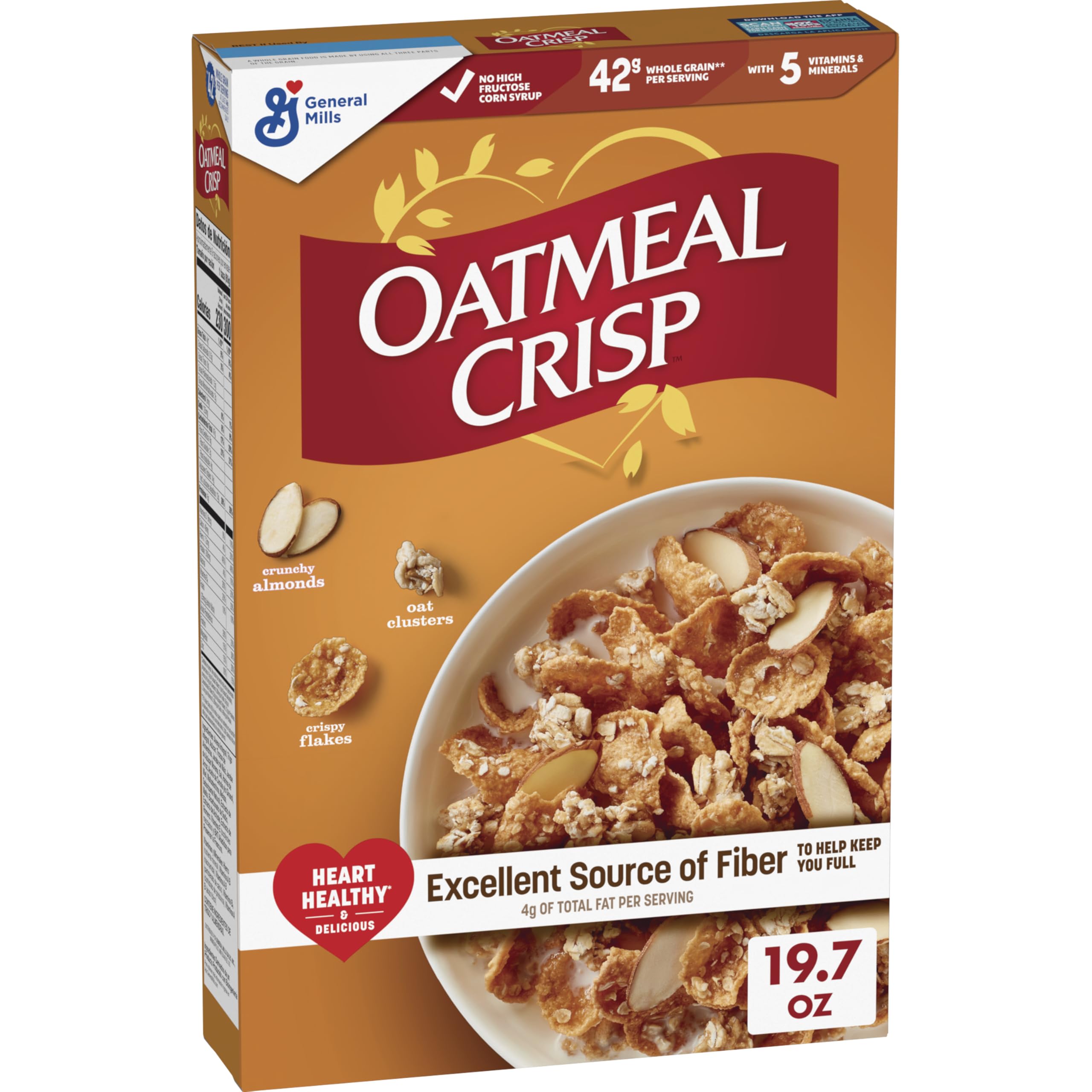 Oatmeal Crisp bowl with milk highlights fiber-rich breakfast.