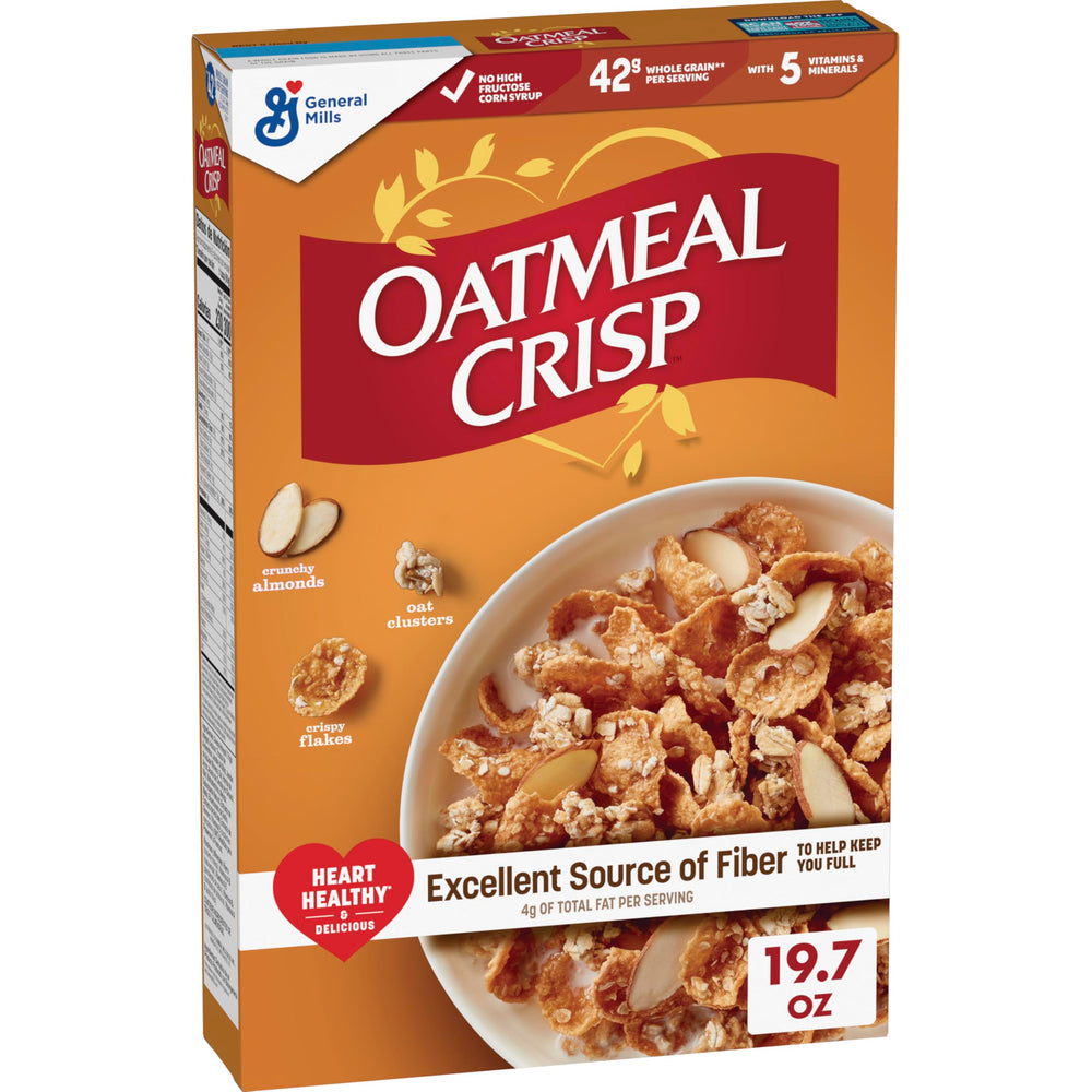 Oatmeal Crisp bowl with milk highlights fiber-rich breakfast.