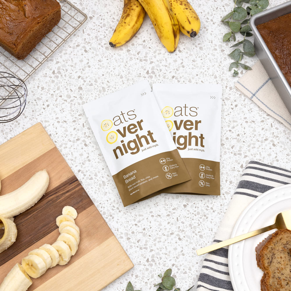 20g protein indicated on Oats Overnight Banana Bread packaging.