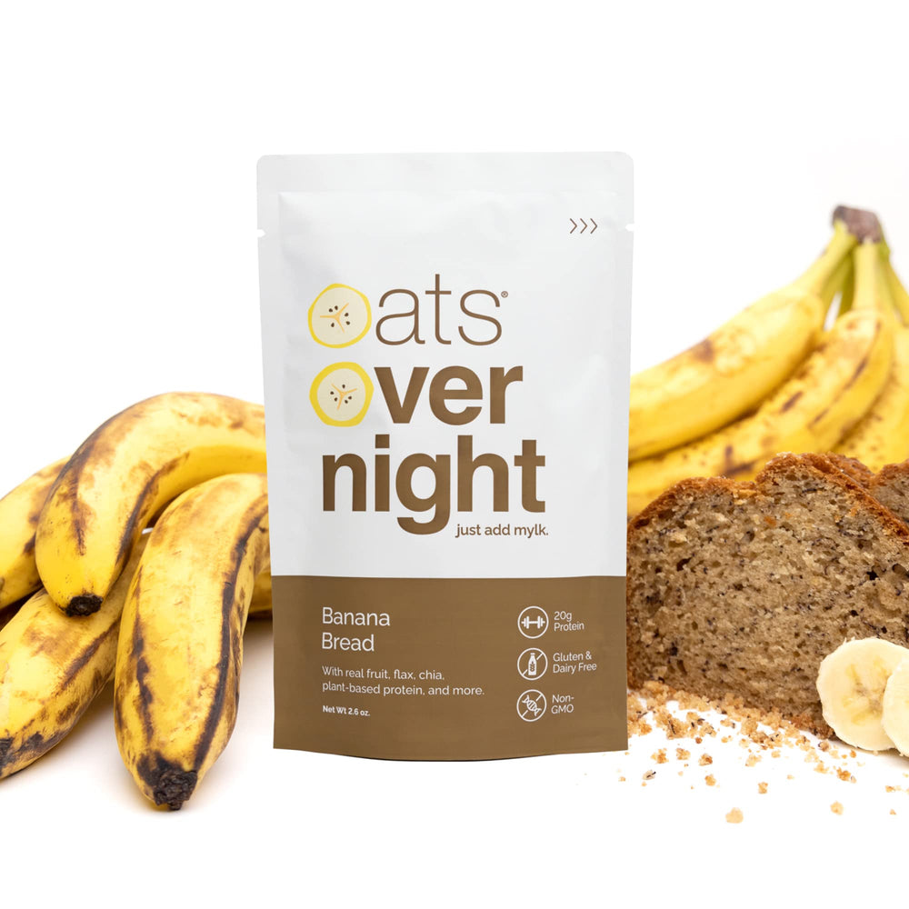 Nutrition label highlights gluten-free and non-GMO attributes of Oats Overnight Banana Bread.