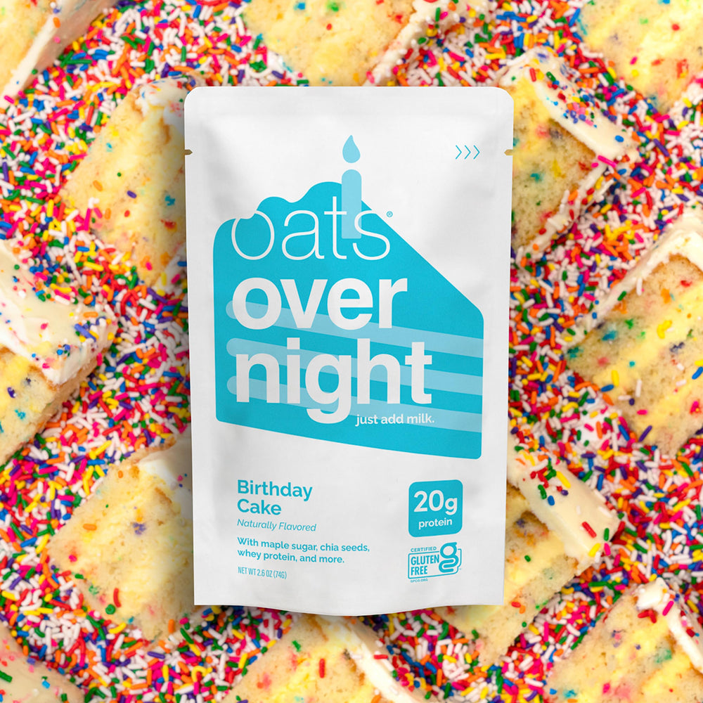 Oats Overnight Birthday Cake nutrition label close-up highlighting protein content.