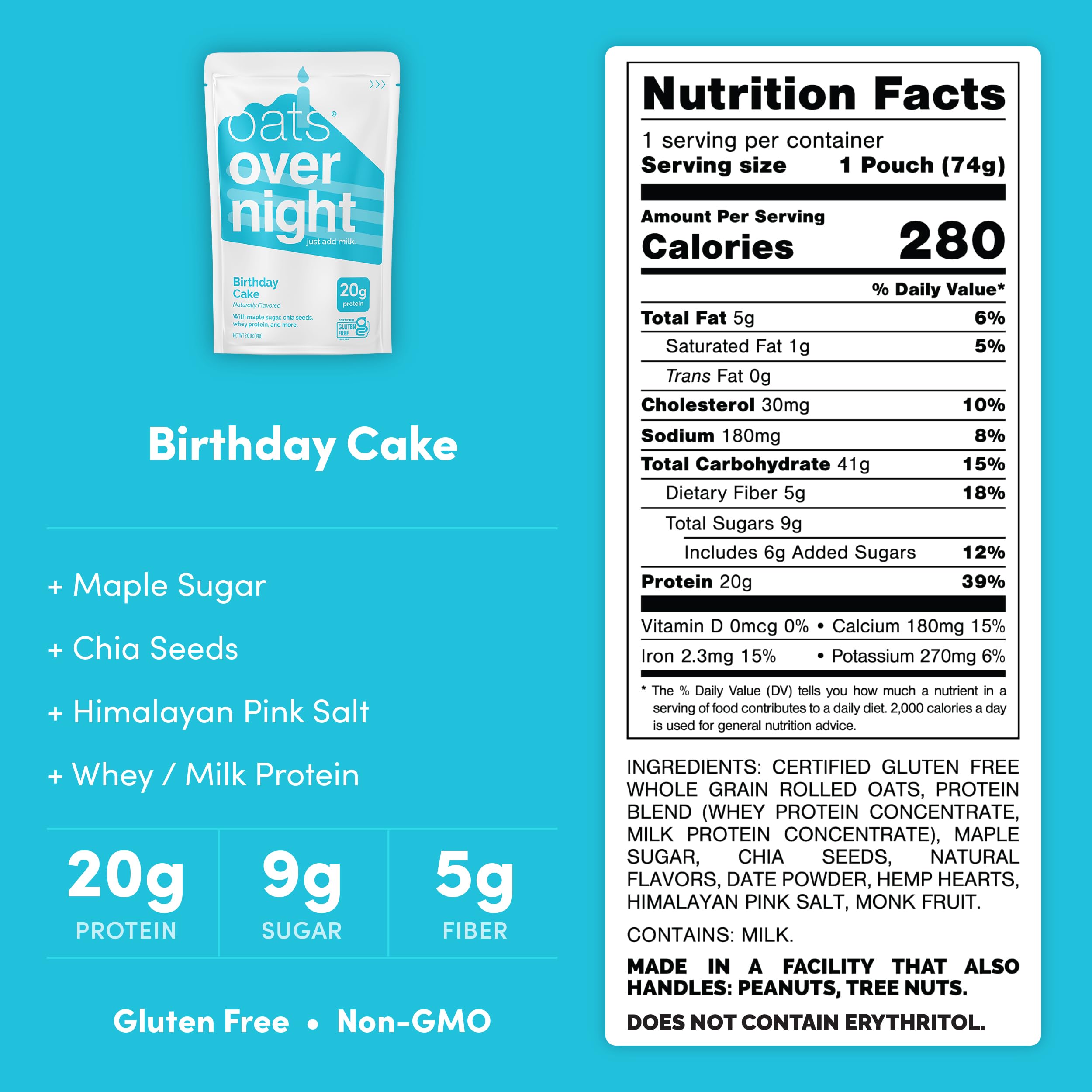 Oats Overnight Birthday Cake pack side view emphasizing gluten-free oats.