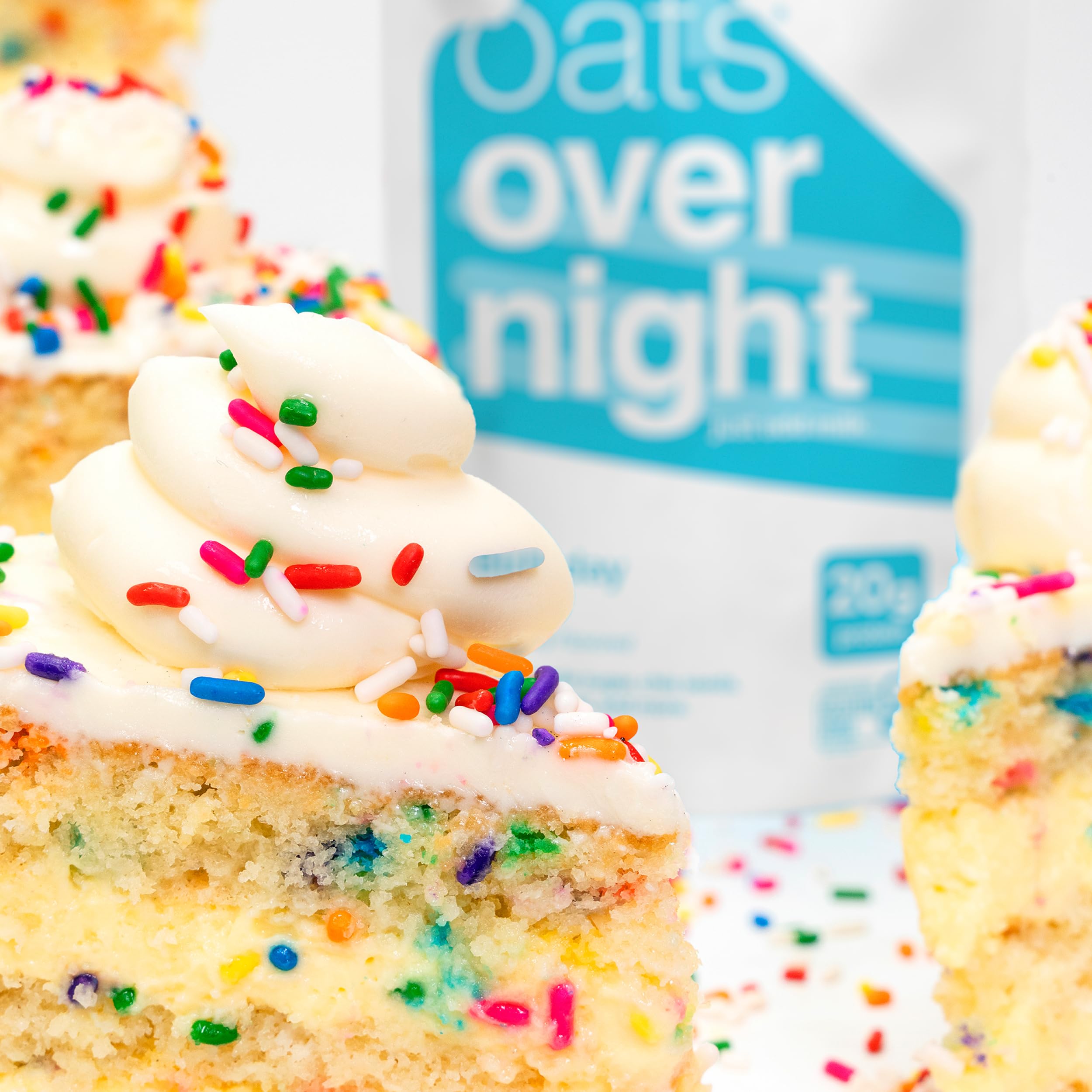 Oats Overnight Birthday Cake packaging on shelf for busy mornings.