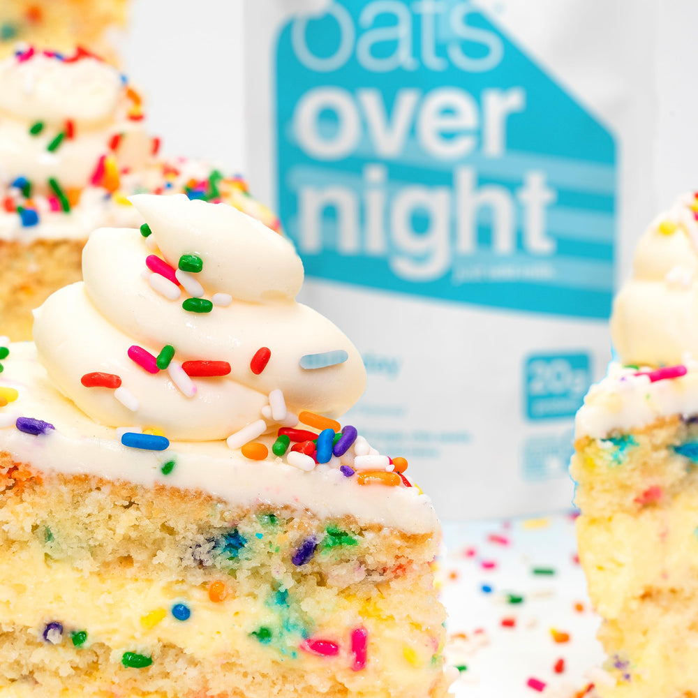 Oats Overnight Birthday Cake packaging on shelf for busy mornings.