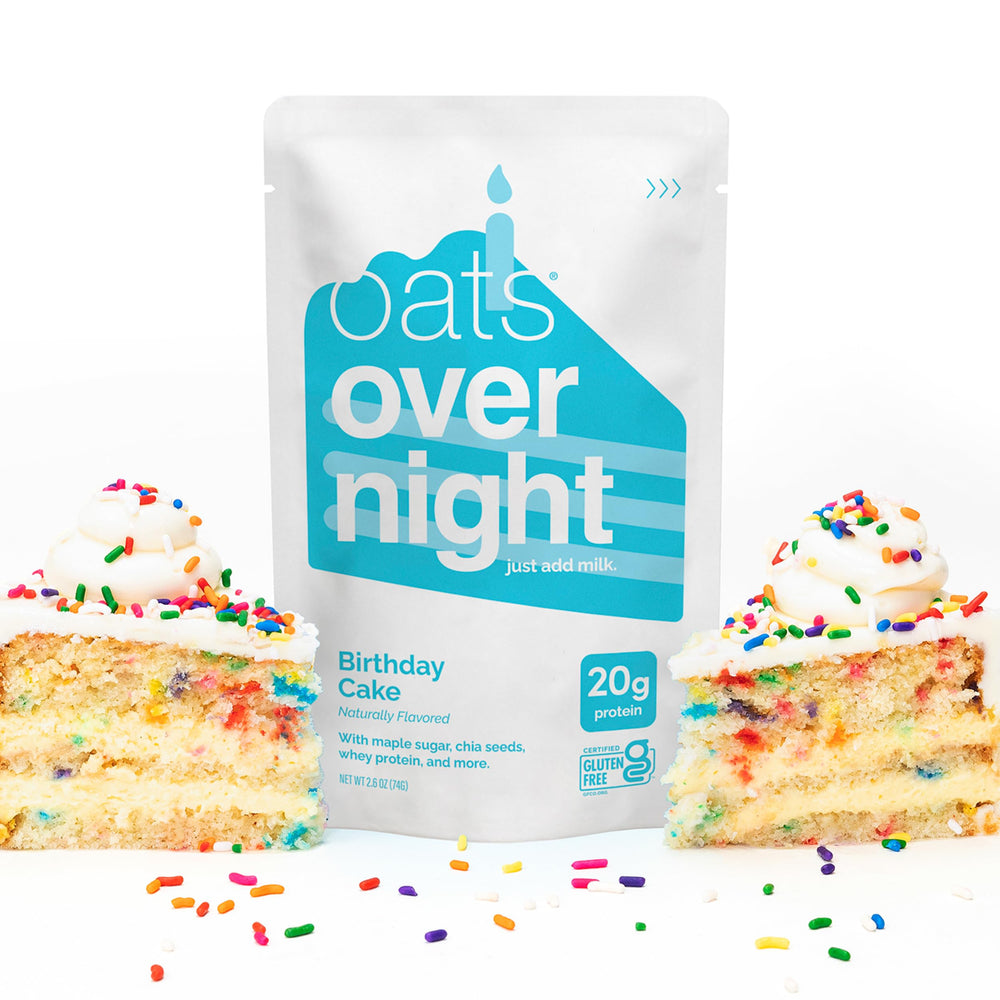 Oats Overnight Birthday Cake shake-ready mix beside a shaker bottle.