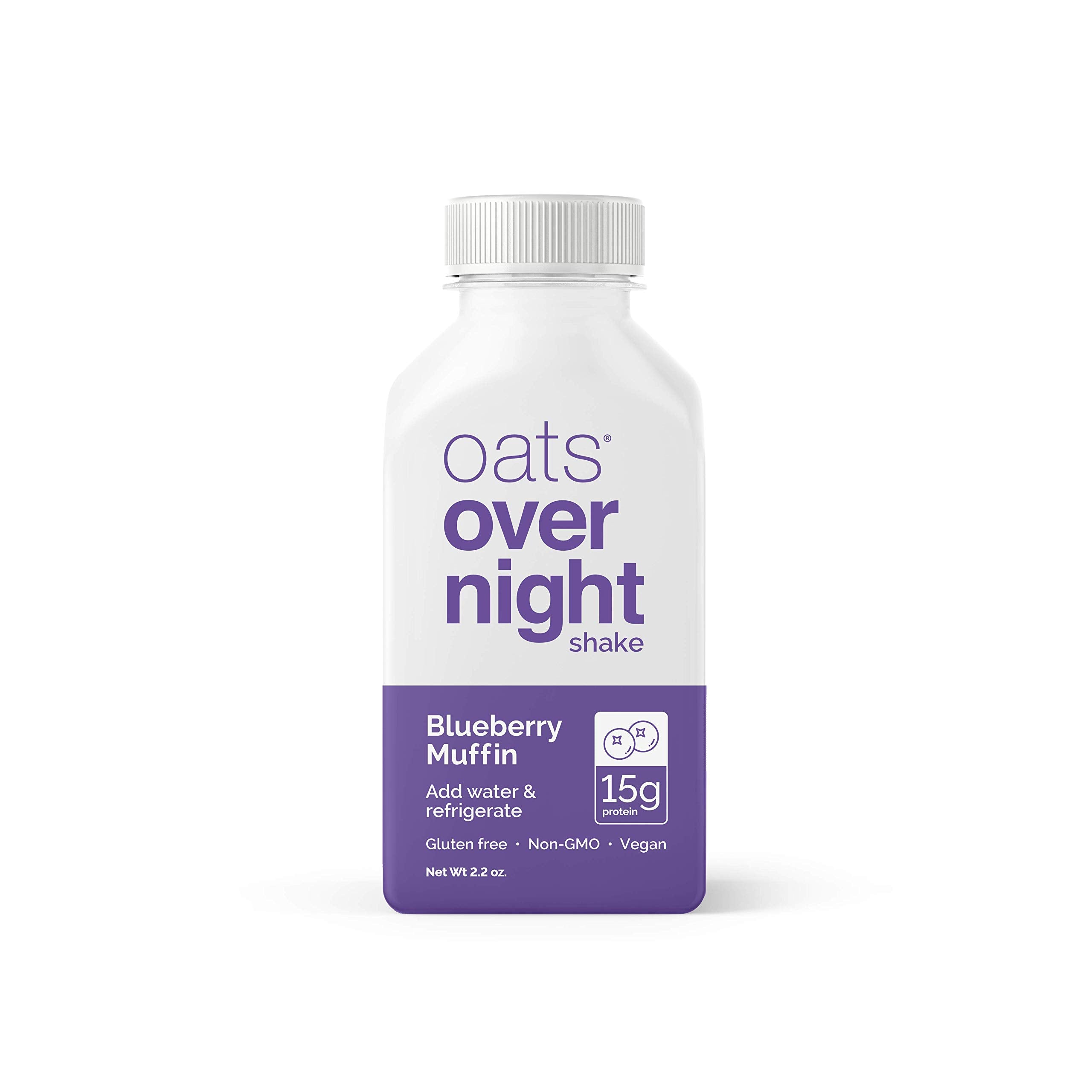 Oats Overnight Blueberry Muffin bottled shake ingredients label and oats-based base.