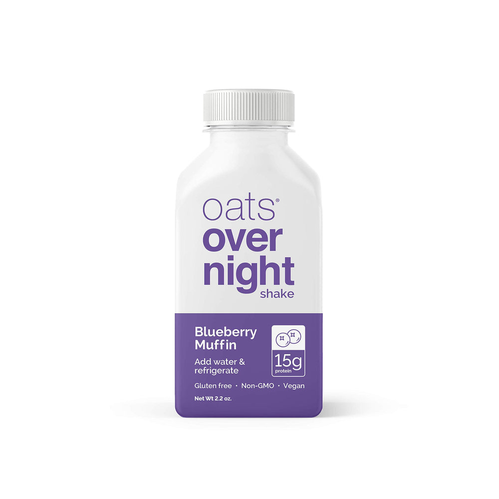 Oats Overnight Blueberry Muffin bottled shake ingredients label and oats-based base.