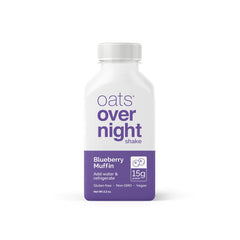 Oats Overnight Blueberry Muffin bottled shake ingredients label and oats-based base.