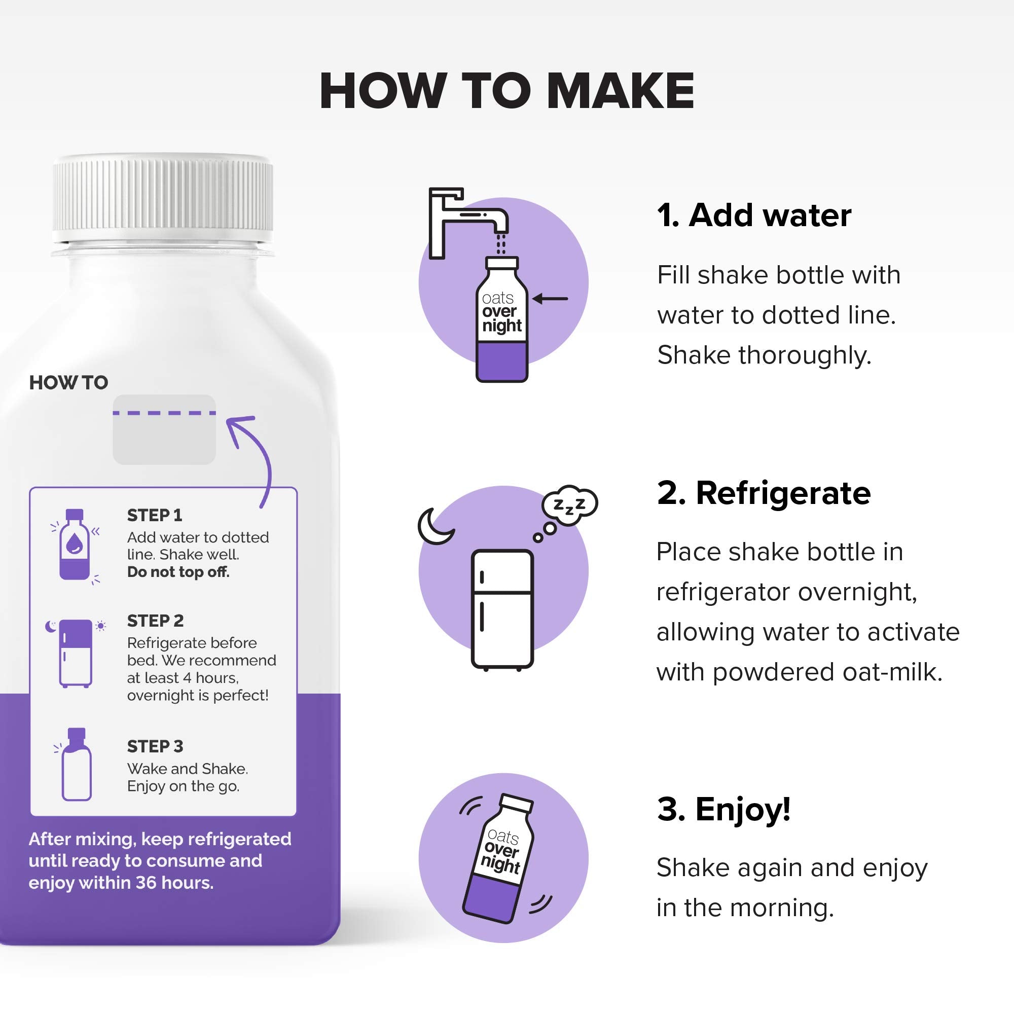 Oats Overnight Blueberry Muffin bottled shake nutrition facts label visible.
