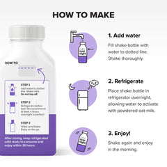 Oats Overnight Blueberry Muffin bottled shake nutrition facts label visible.