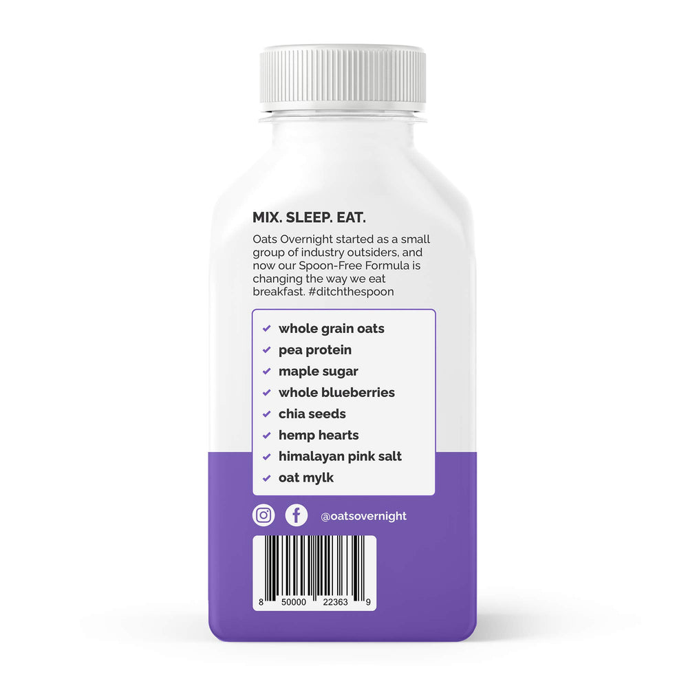 Oats Overnight Blueberry Muffin bottled shake in a tote for on-the-go breakfast.