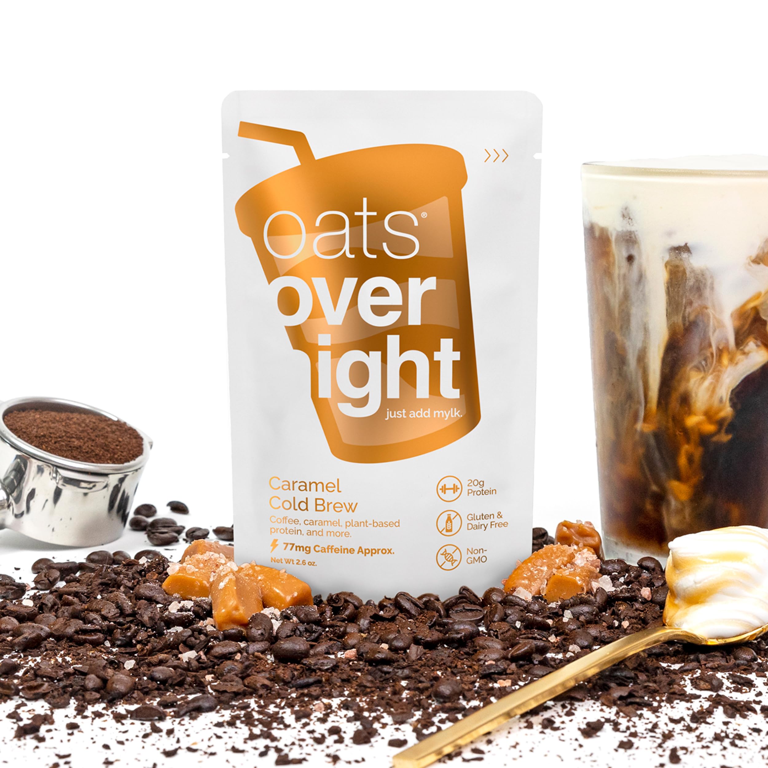 Oats Overnight Caramel Cold Brew cup showcases on-the-go convenience.
