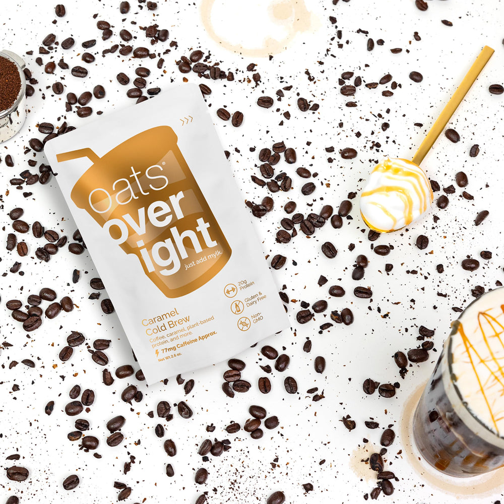 Oats Overnight Caramel Cold Brew glass emphasizes creamy texture and caffeine.