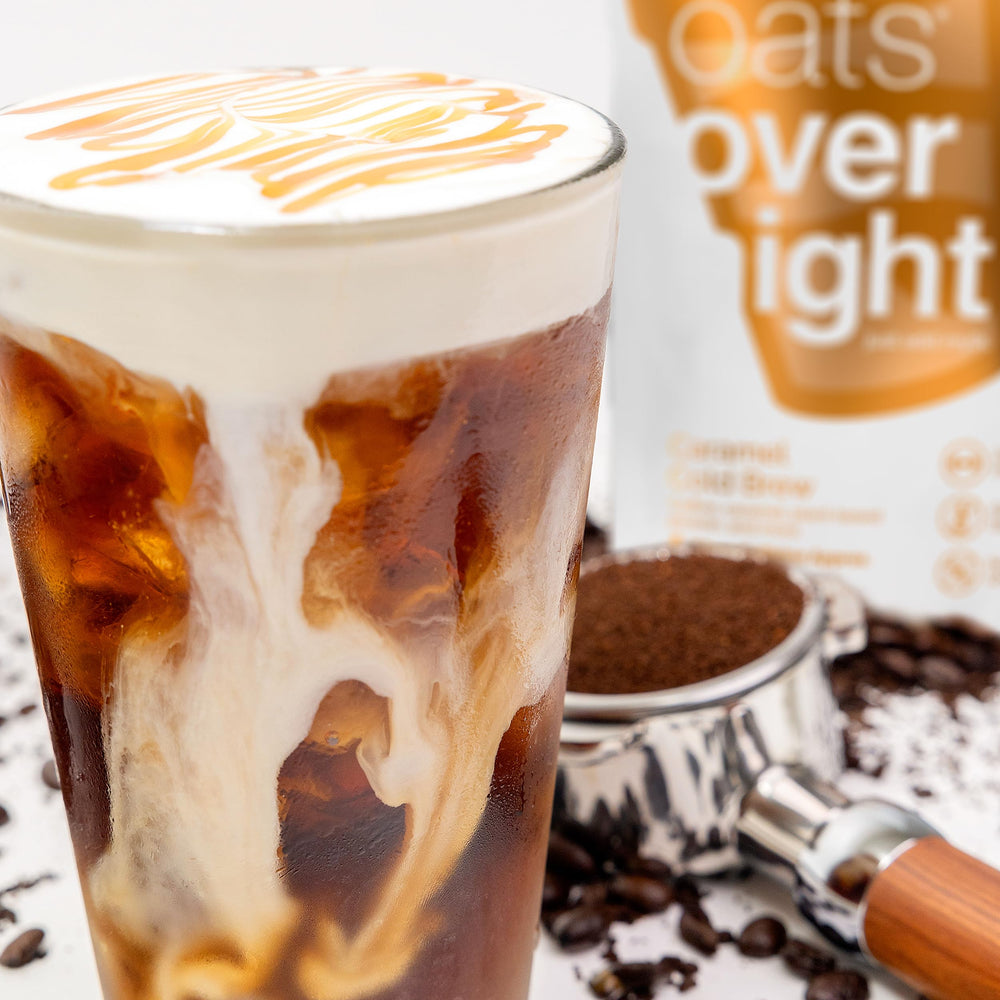 Oats Overnight Caramel Cold Brew morning setup demonstrates zero-prep routine.