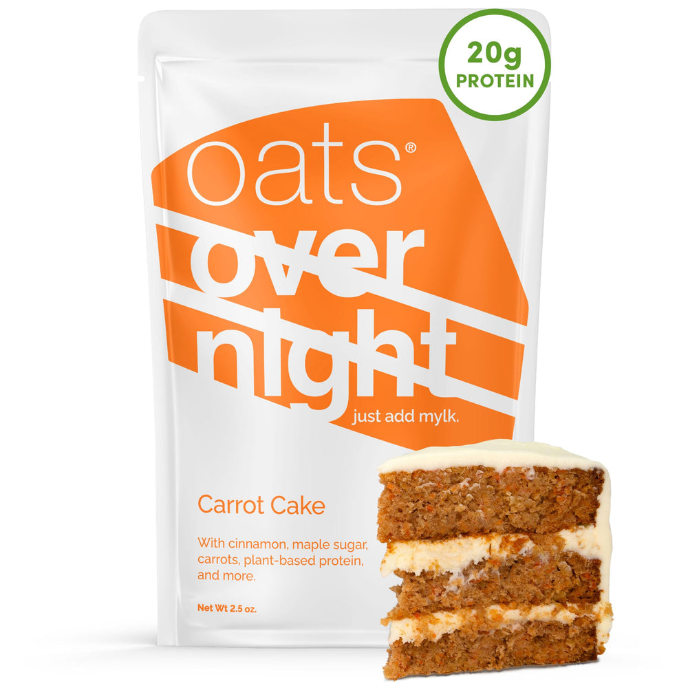 Oats Overnight carrot cake packaging highlights gluten-free, high-protein breakfast option.