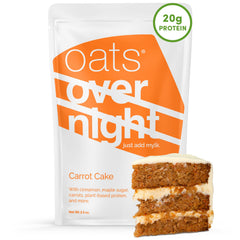 Oats Overnight carrot cake packaging highlights gluten-free, high-protein breakfast option.
