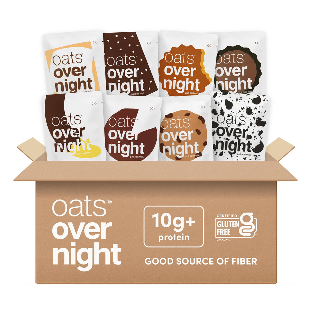 Oats Overnight chocolate variety pack front view, ready for quick breakfasts