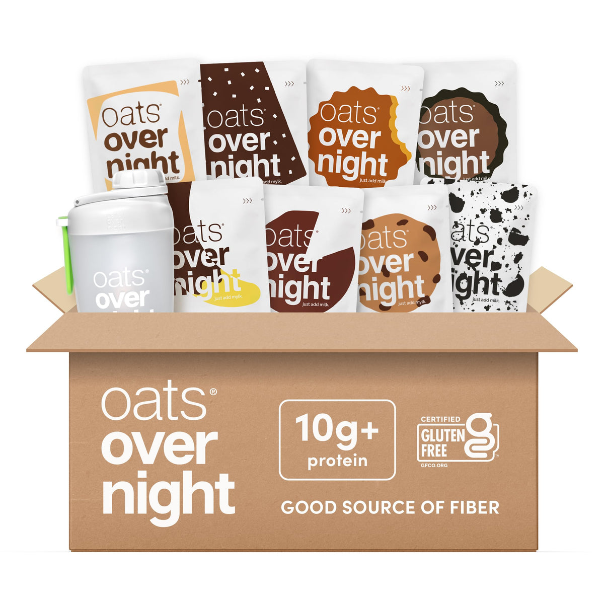 Oats Overnight chocolate variety pack packaging highlighting gluten-free, high-protein breakfast options.