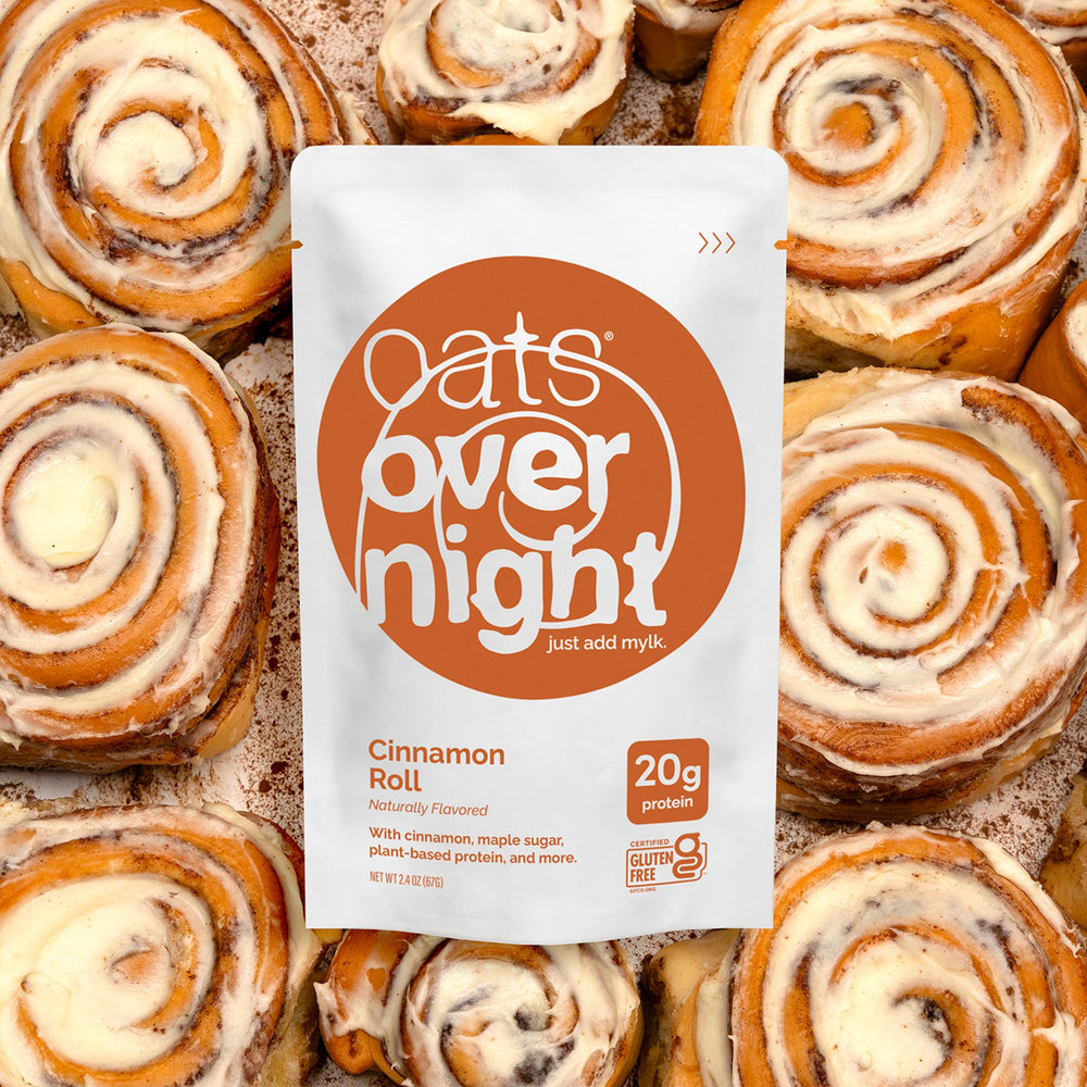 Oats Overnight Cinnamon Roll in a fitness setup conveys post-workout breakfast option.
