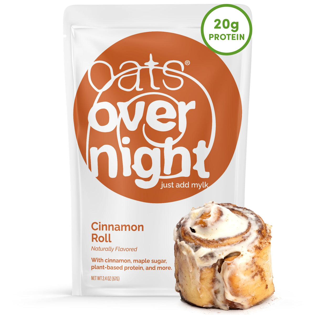 Oats Overnight Cinnamon Roll packaging highlights a gluten-free, vegan breakfast with 20g of protein.