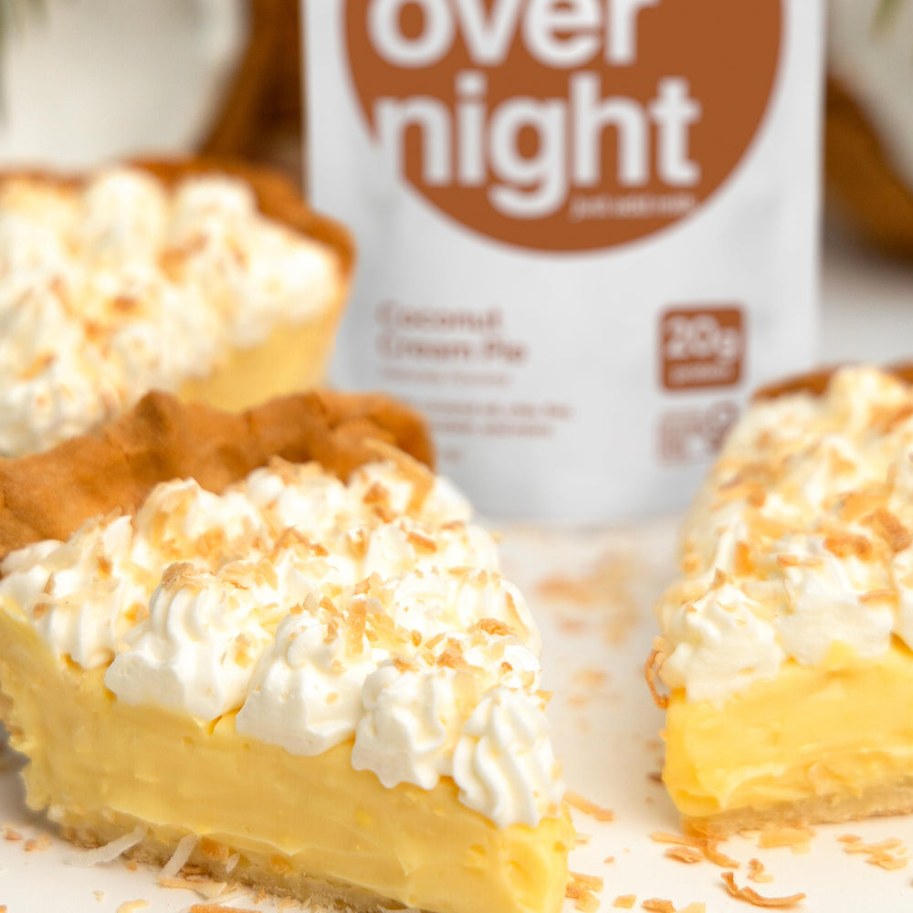Oats Overnight Coconut Cream Pie provides 20g protein per serving for energy.