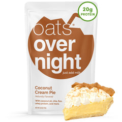 Oats Overnight Coconut Cream Pie packaging highlights gluten-free, kosher, and non-GMO ingredients.