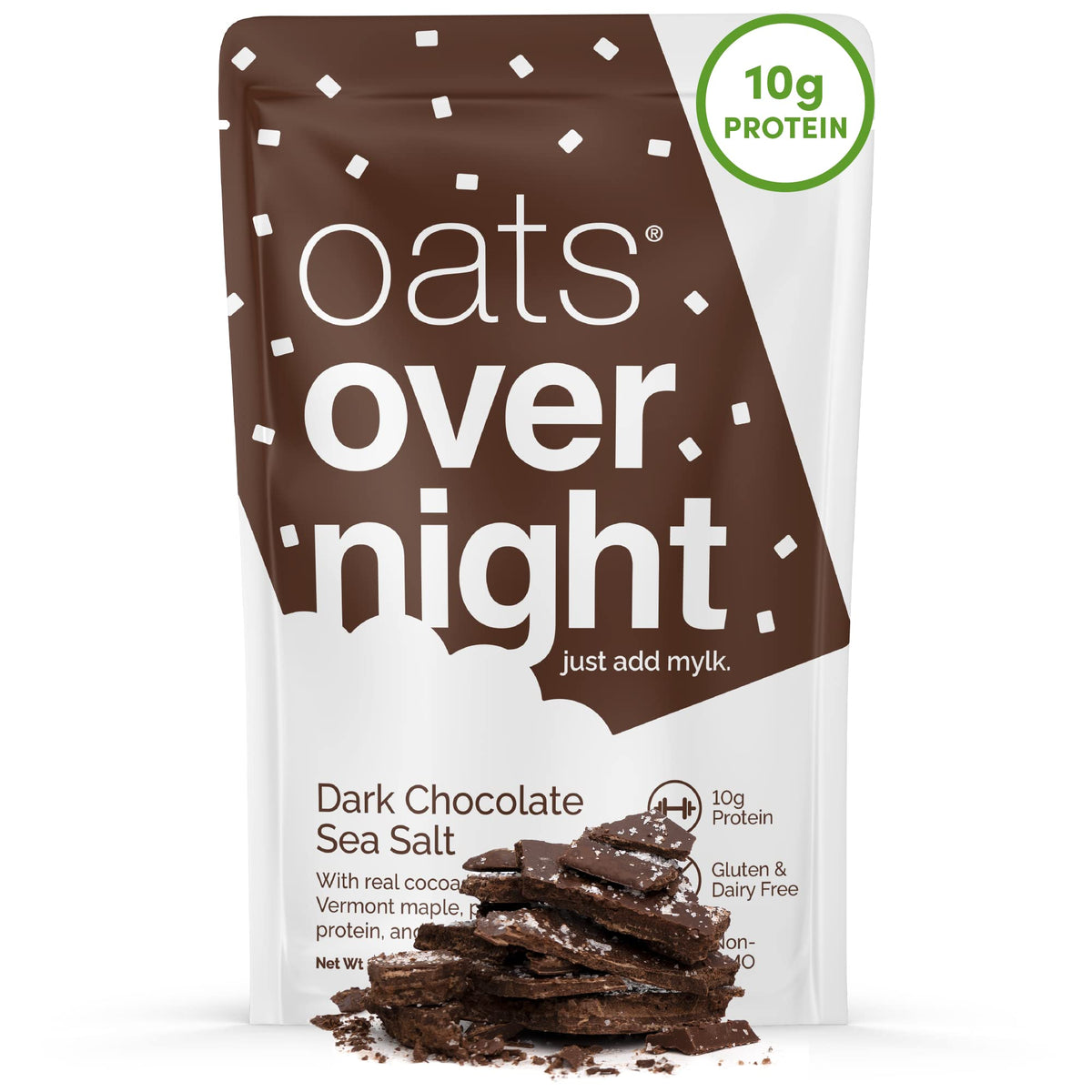 Oats Overnight dark chocolate sea salt pack highlighting gluten-free, plant-based breakfast.