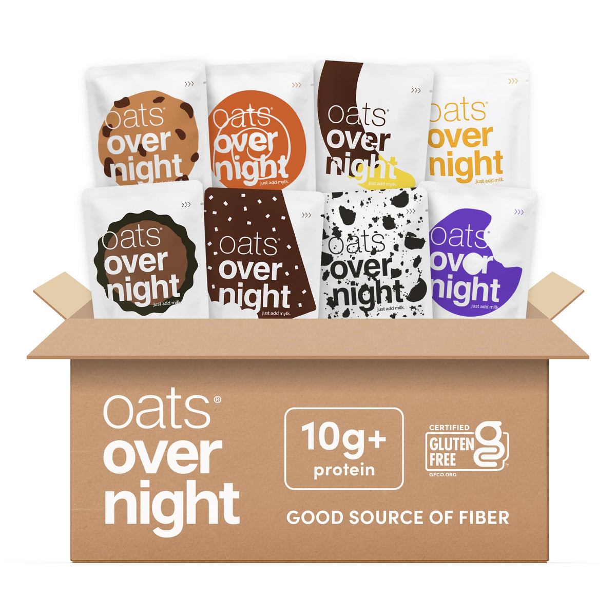 Oats Overnight dessert variety pack on kitchen counter, convenient overnight prep for busy mornings