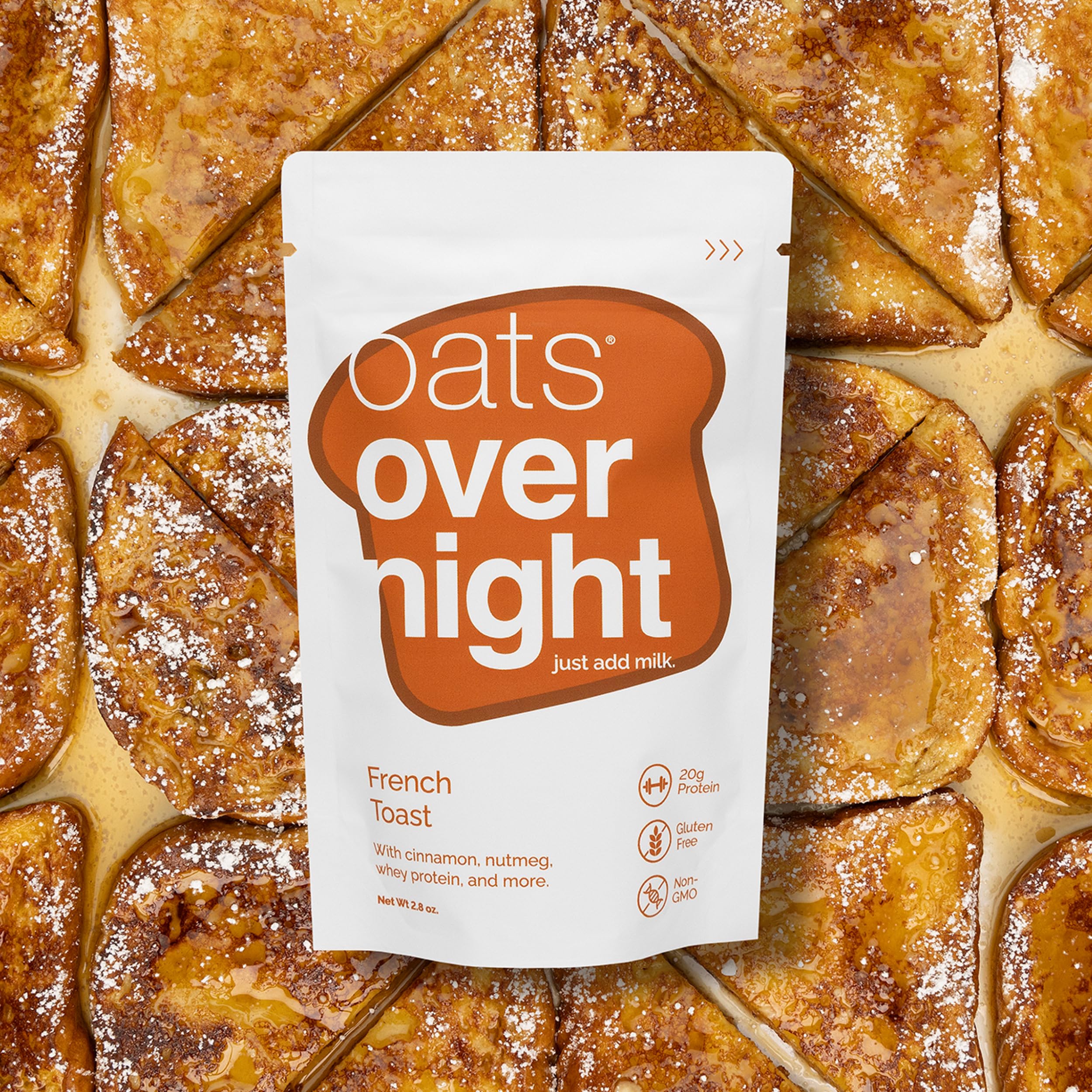 Oats Overnight French Toast nutrition label emphasizes 20g protein per serving.